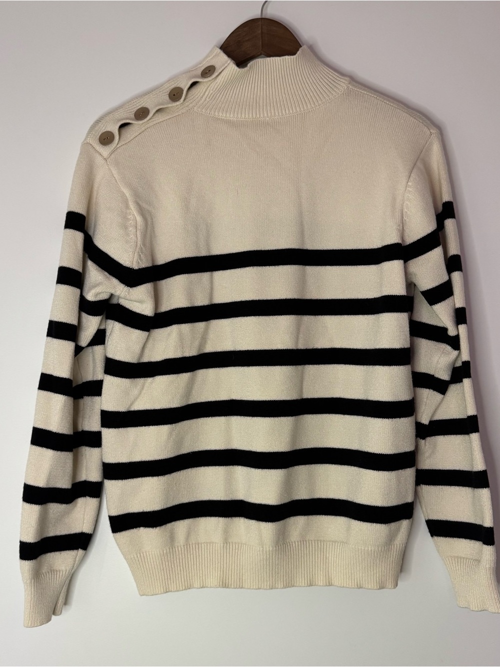 Cream and Black Striped Knit Sweater Button Detail Stripes Cozy Small Preppy